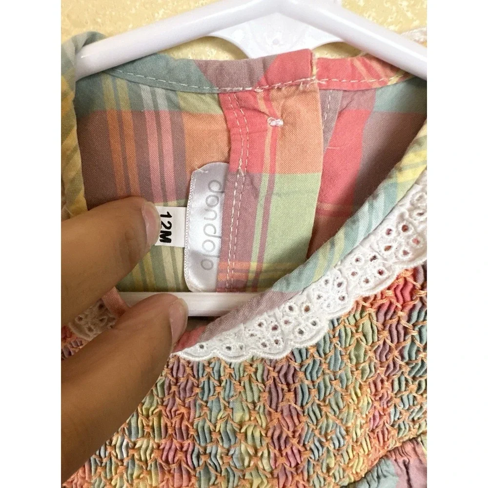 Dondolo Pastel Plaid Bubble Romper Smocked Blue Pink Yellow 12M 100% Cotton